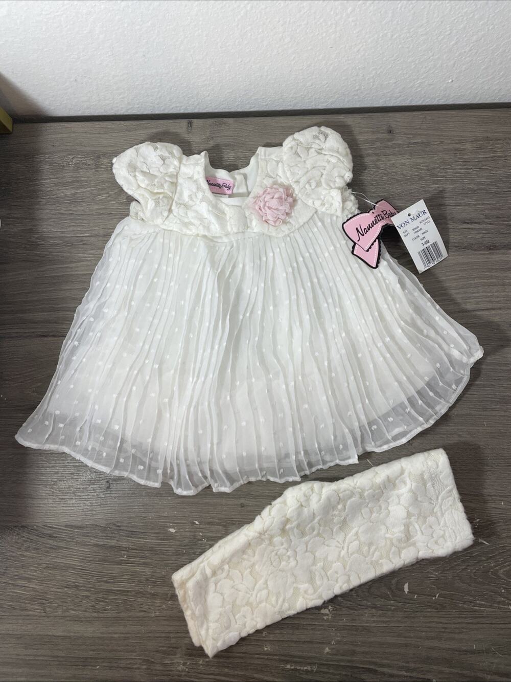 Nannette Baby Girl White Dress & Lace Leggings Outfit Set 3-6 Months NWT